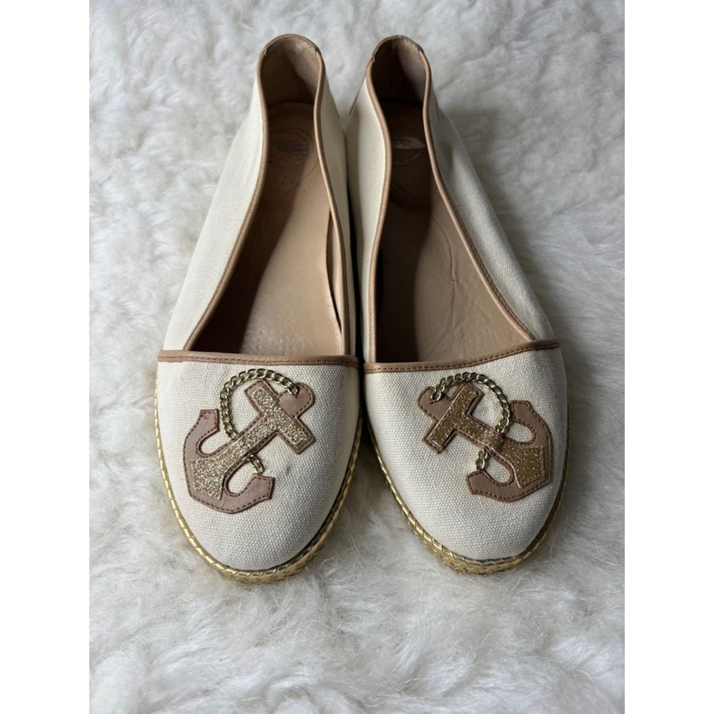 Nurture Beige Chained Anchor Leather Trim Slip On Gold Accents Flats Women 8.5 M